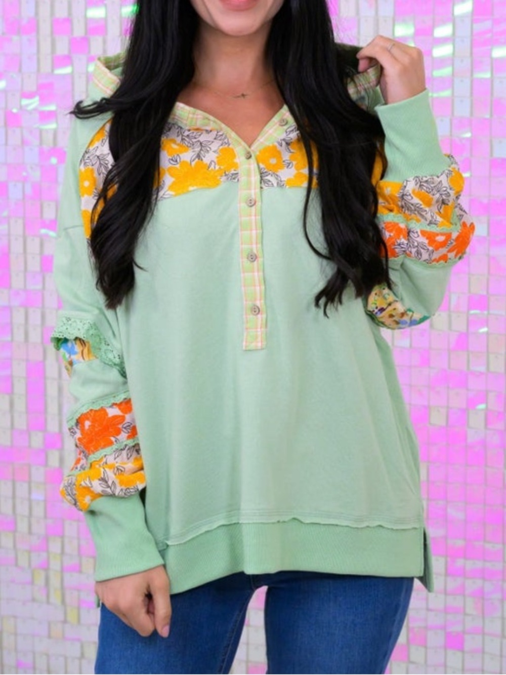 Mint Floral Patchwork Henley Hoodie Top